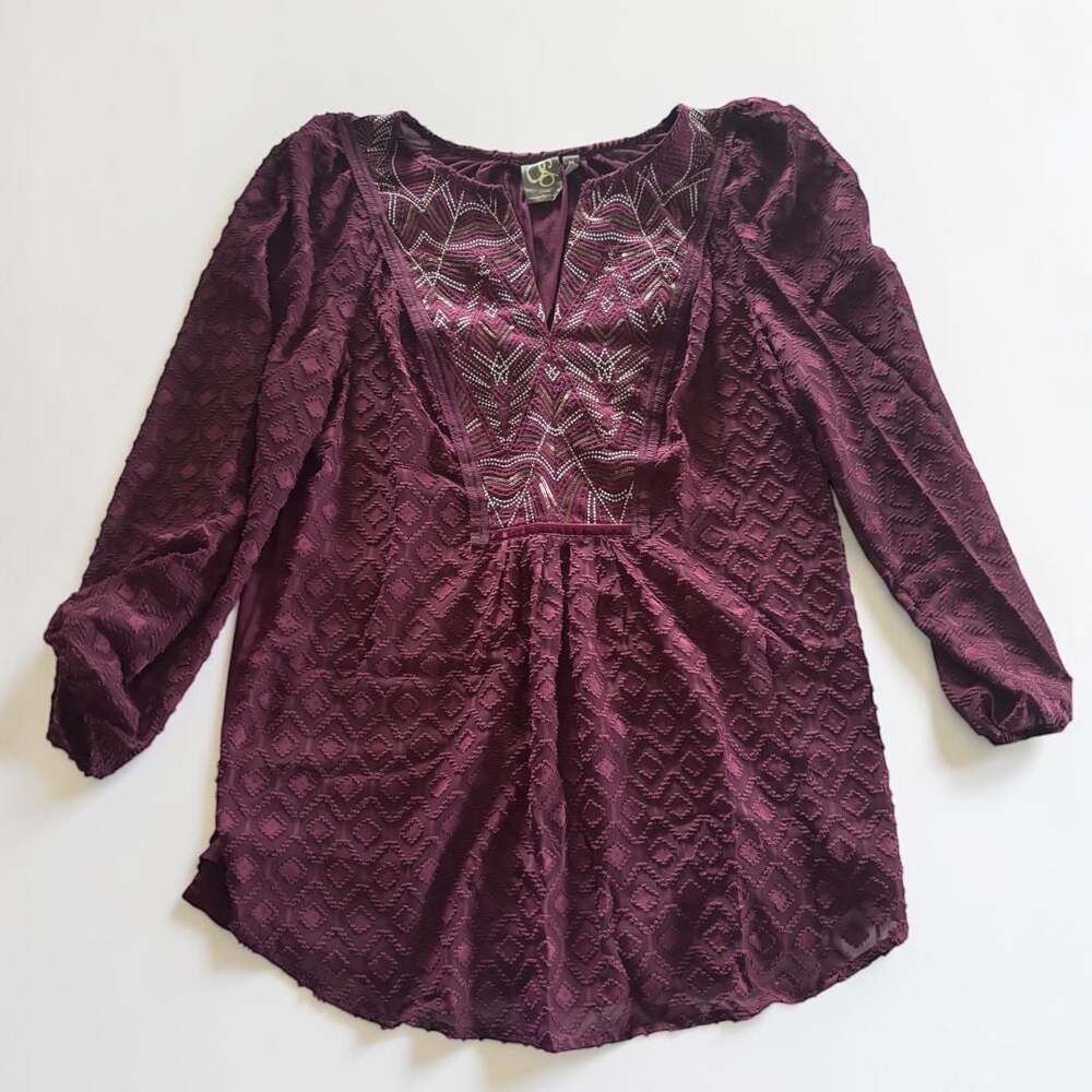 One September Anthropologie Burgundy Embroidered Beaded Peasant Blouse M